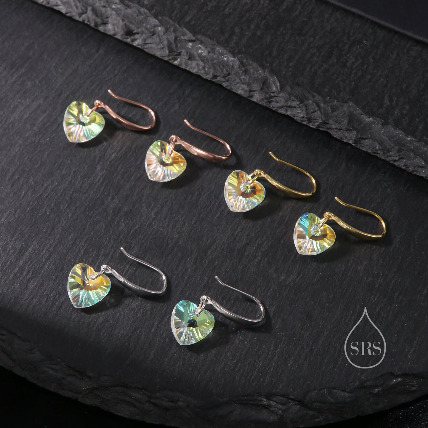 Colour Changing Green CZ Heart Drop Dangle Earrings in Sterling Silver, Silver or Rose Gold, Blue Crystal Heart Earrings