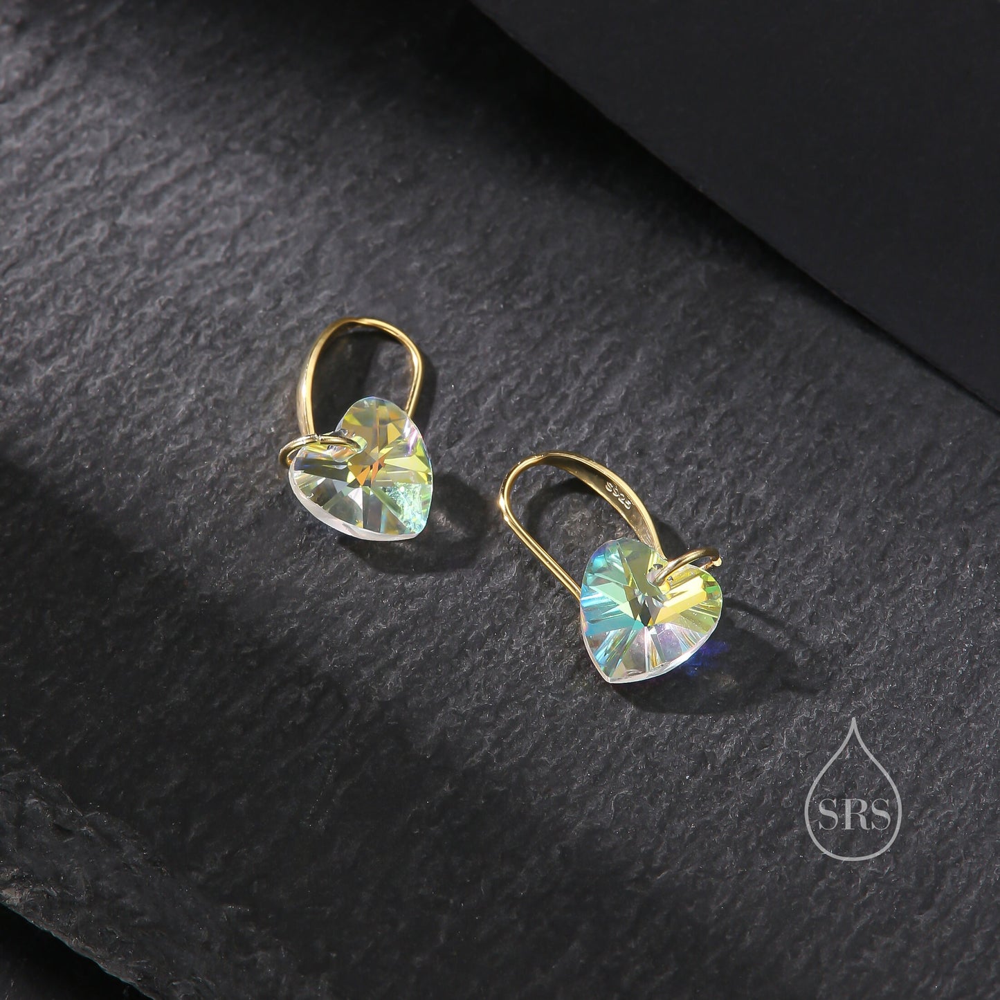 Colour Changing Green CZ Heart Drop Dangle Earrings in Sterling Silver, Silver or Rose Gold, Blue Crystal Heart Earrings