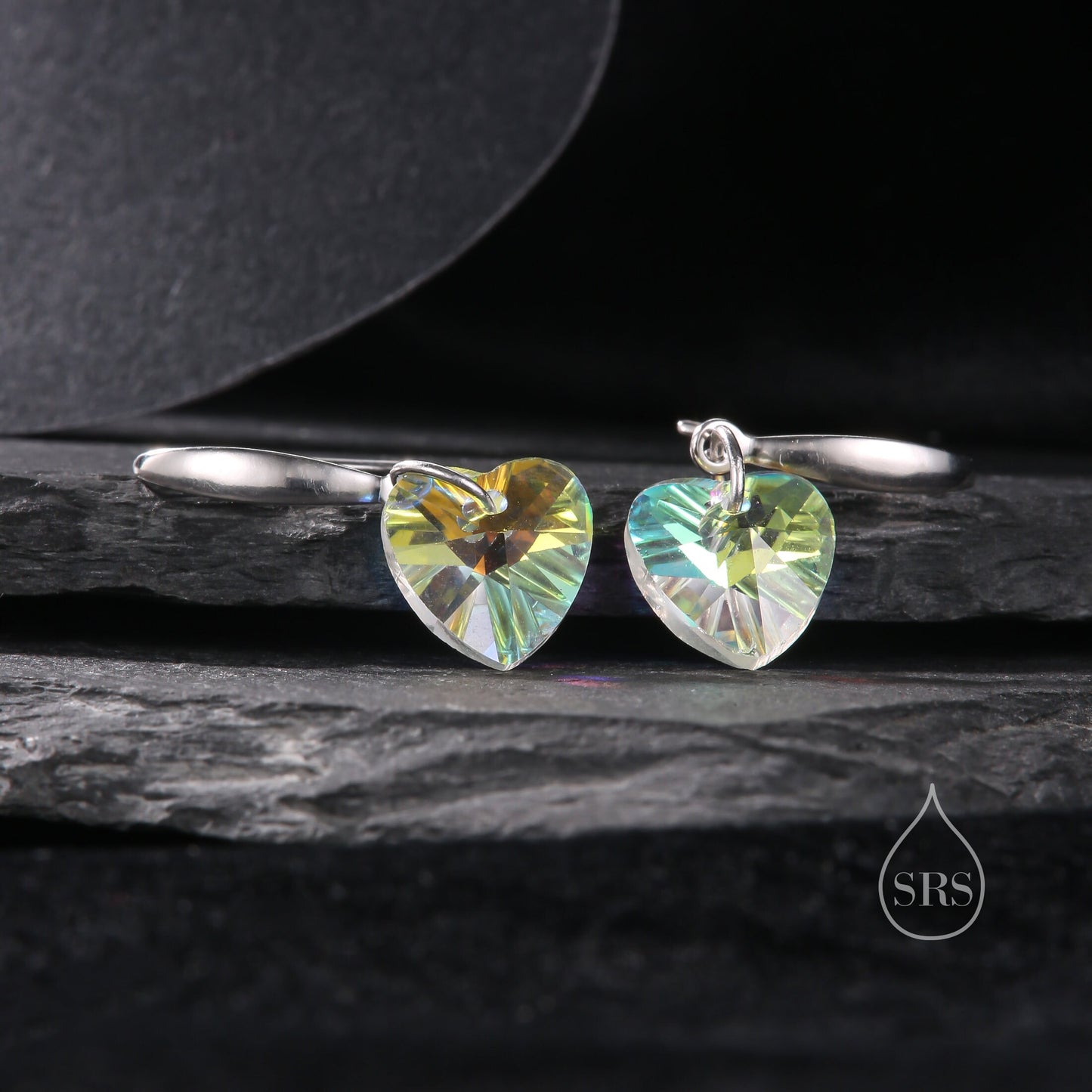 Colour Changing Green CZ Heart Drop Dangle Earrings in Sterling Silver, Silver or Rose Gold, Blue Crystal Heart Earrings