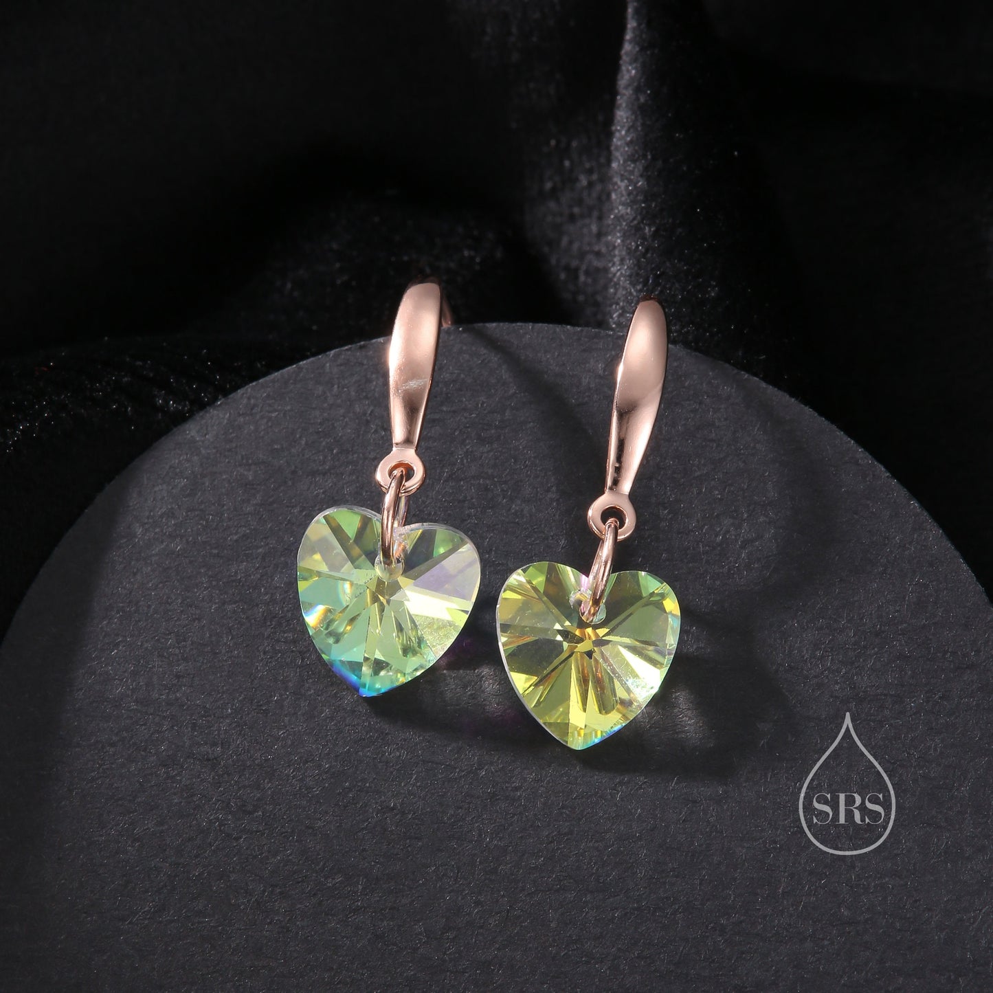 Colour Changing Green CZ Heart Drop Dangle Earrings in Sterling Silver, Silver or Rose Gold, Blue Crystal Heart Earrings