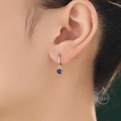 Tiny Sapphire Blue CZ Huggie Hoop in Sterling Silver, Silver or Gold or Rose Gold, Minimalist Simple Hoop Earrings,  4mm CZ Hoops