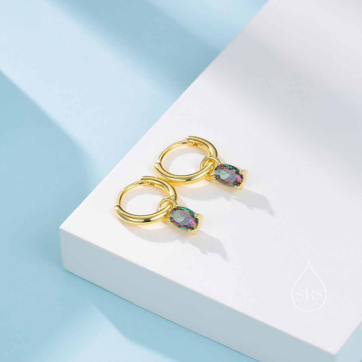 Oval Aurora Black CZ Huggie Hoop in Sterling Silver, Silver or Gold, Mystic Topaz CZ Crystal Hoop Earrings, Detachable and Interchangeable