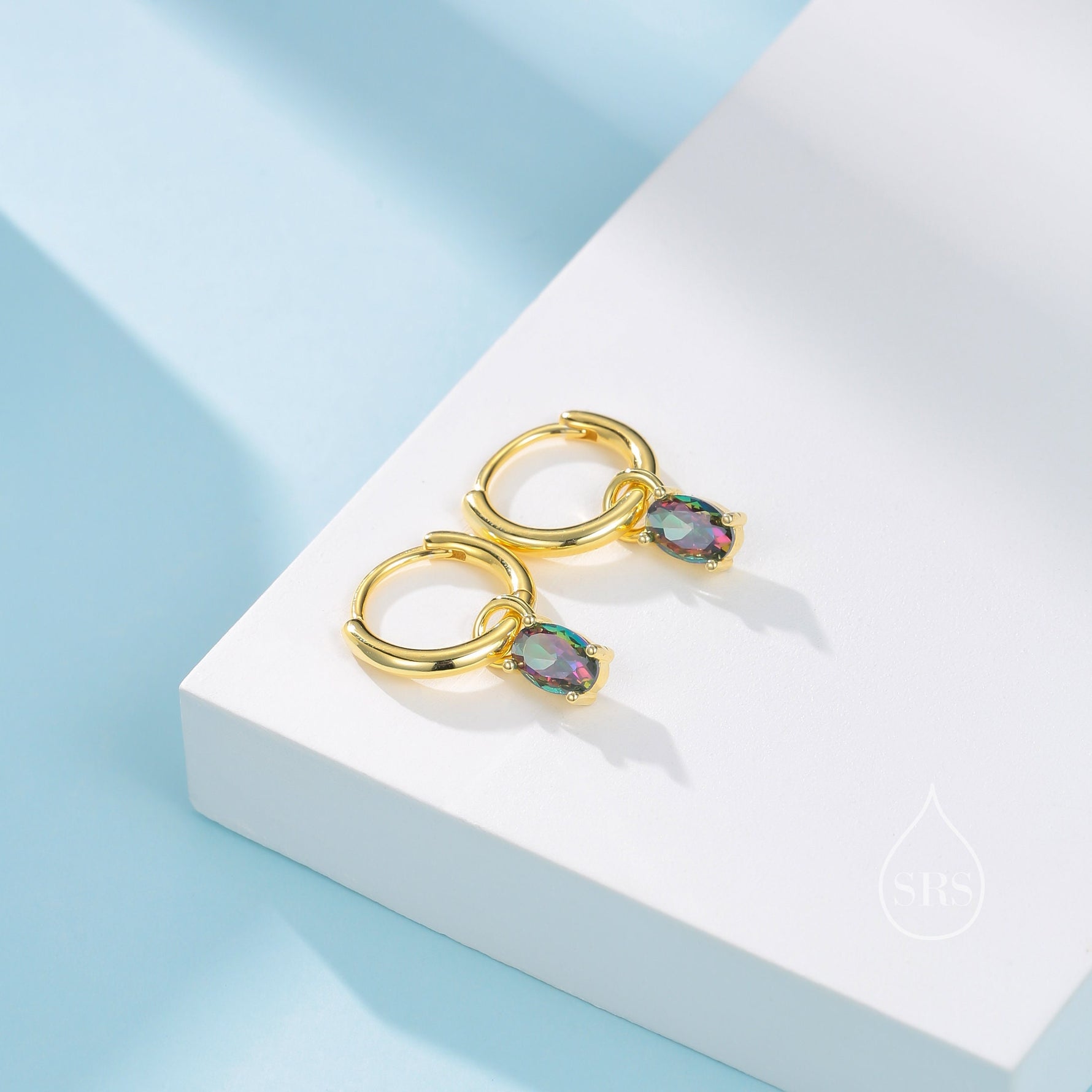 Oval Aurora Black CZ Huggie Hoop in Sterling Silver, Silver or Gold, Mystic Topaz CZ Crystal Hoop Earrings, Detachable and Interchangeable