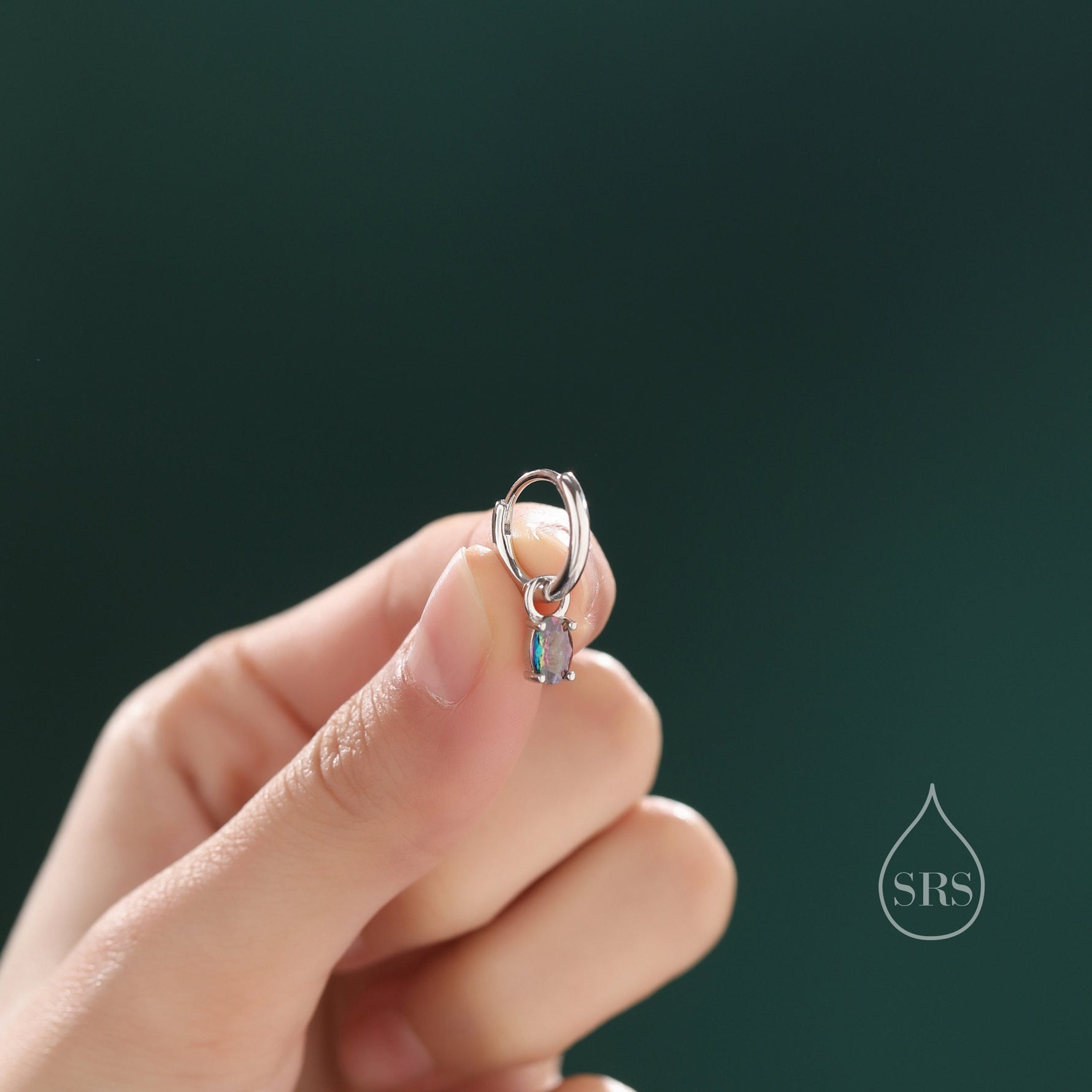 Oval Aurora Black CZ Huggie Hoop in Sterling Silver, Silver or Gold, Mystic Topaz CZ Crystal Hoop Earrings, Detachable and Interchangeable