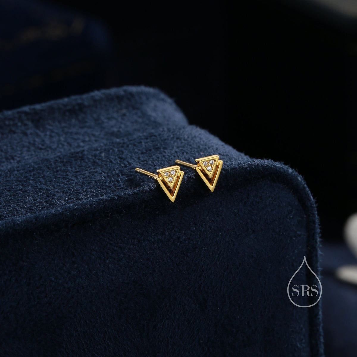 Tiny Double Triangle Stud Earrings in Sterling Silver, Silver or Gold or Rose Gold, Cut Out Triangle Jacket Earrings, Triangle CZ Earrings