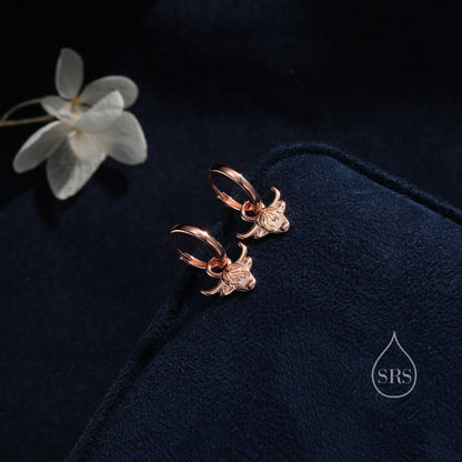 Highland Cow Huggie Hoops in Sterling Silver, Silver or Gold or Rose Gold, Highland Cow Earrings, Detachable Hoops