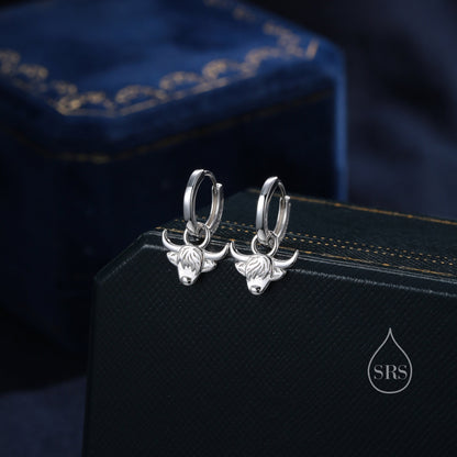 Highland Cow Huggie Hoops in Sterling Silver, Silver or Gold or Rose Gold, Highland Cow Earrings, Detachable Hoops