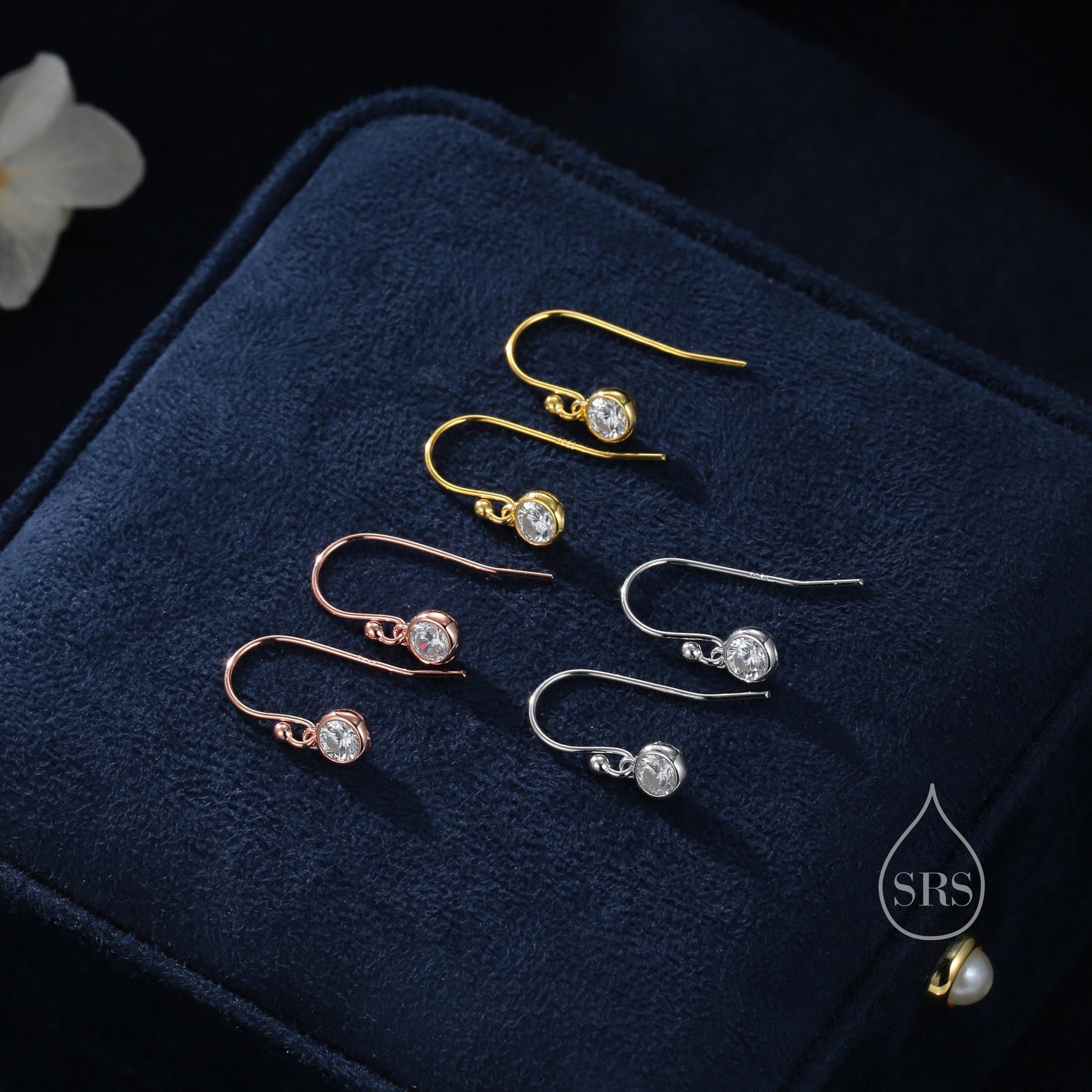 Tiny and Minimalist 4mm CZ Drop Earrings in Sterling Silver, Cubic Zirconia Hook Earrings, Silver, Gold or Rose Gold, Minimal Earrings