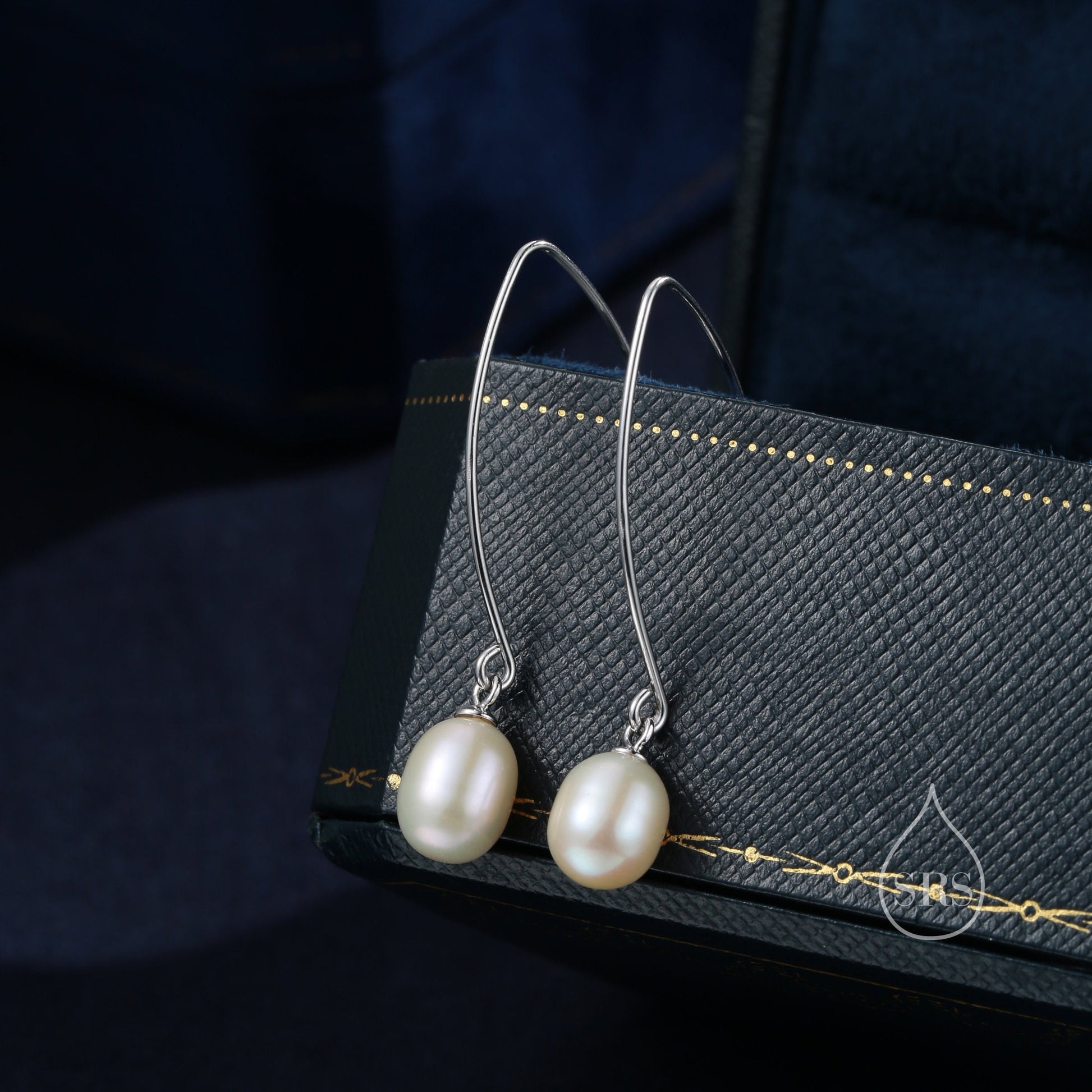 Genuine Freshwater Pearl V Shape Long Drop Hook Earrings in Sterling Silver, Delicate Oval Pearl Earrings, Genuine Pearl Drop Earrings