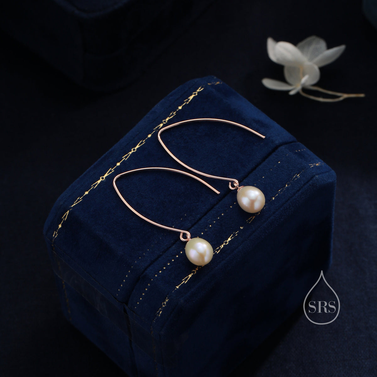 Genuine Freshwater Pearl V Shape Long Drop Hook Earrings in Sterling Silver, Delicate Oval Pearl Earrings, Genuine Pearl Drop Earrings