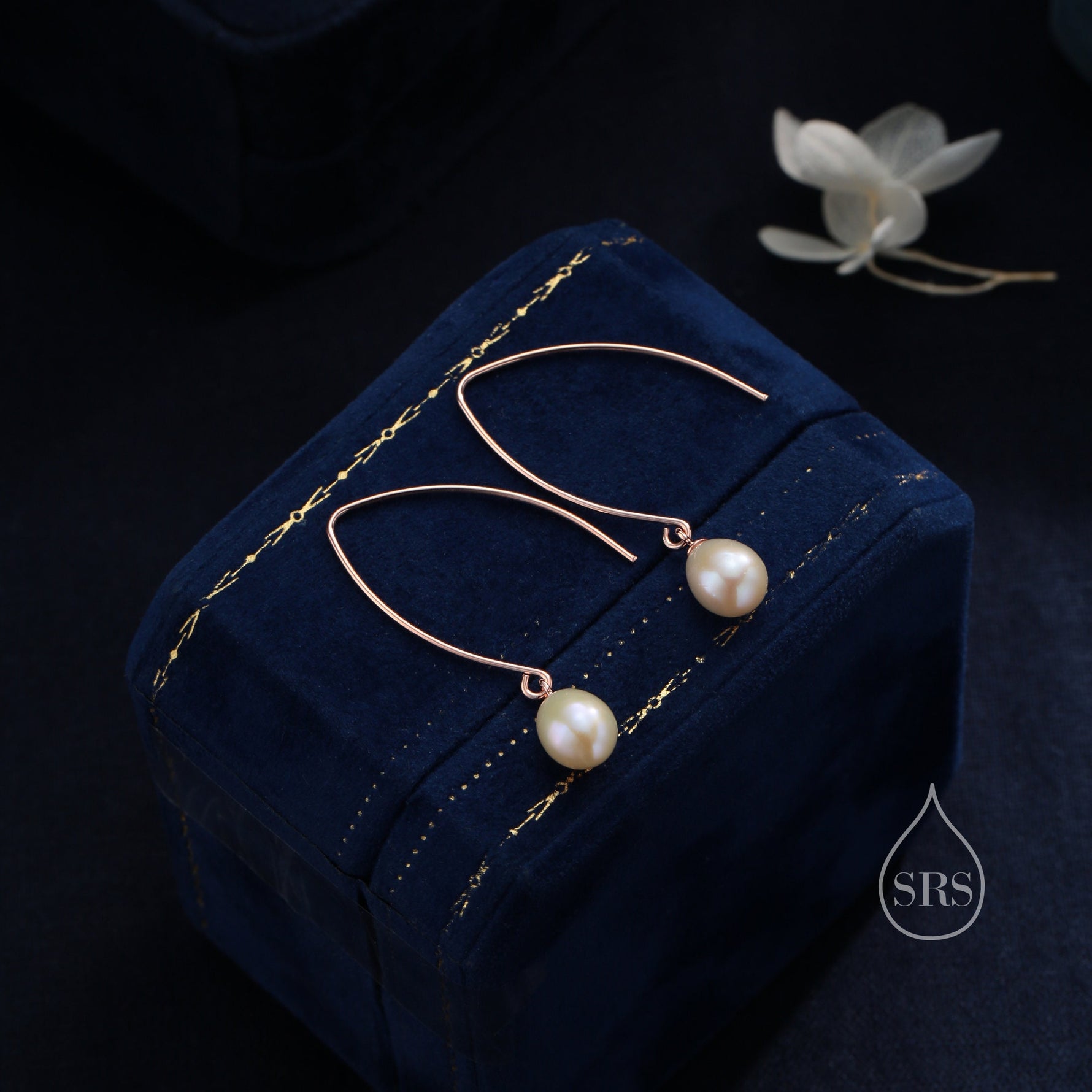 Genuine Freshwater Pearl V Shape Long Drop Hook Earrings in Sterling Silver, Delicate Oval Pearl Earrings, Genuine Pearl Drop Earrings