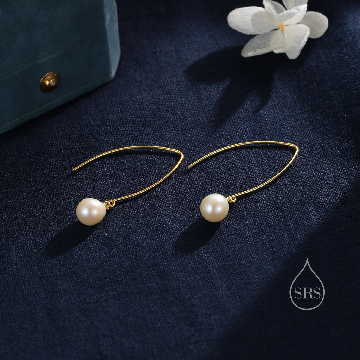 Genuine Freshwater Pearl V Shape Long Drop Hook Earrings in Sterling Silver, Delicate Oval Pearl Earrings, Genuine Pearl Drop Earrings