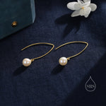 Genuine Freshwater Pearl V Shape Long Drop Hook Earrings in Sterling Silver, Delicate Oval Pearl Earrings, Genuine Pearl Drop Earrings