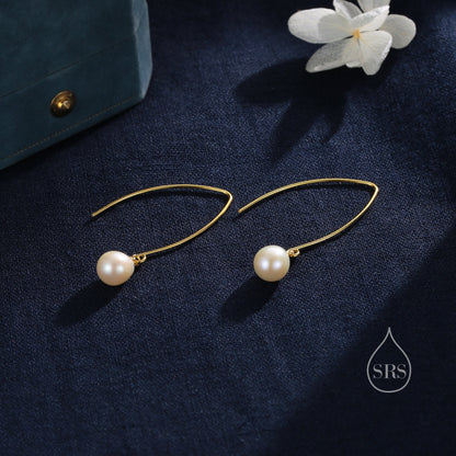 Genuine Freshwater Pearl V Shape Long Drop Hook Earrings in Sterling Silver, Delicate Oval Pearl Earrings, Genuine Pearl Drop Earrings