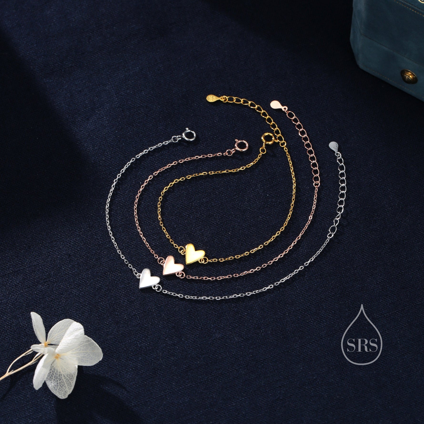 Tiny and Delicate Heart Bracelet in Sterling Silver, Silver or Gold or Rose Gold, Small Heart Bracelet, Silver Heart Bracelet