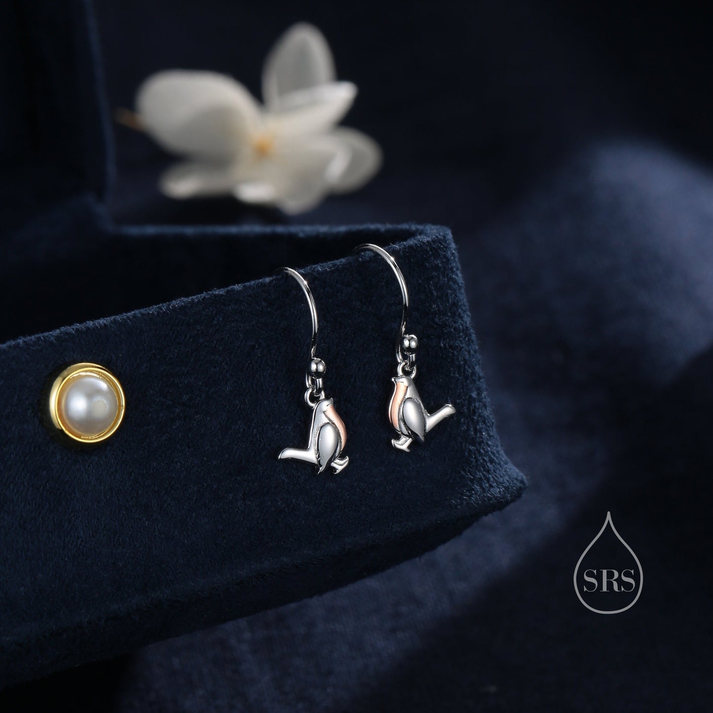 Robin Bird Drop Hook Earrings in Sterling Silver with Part Rose Gold Coating, Sterling Silver Robin Earrings, Nature Inspired