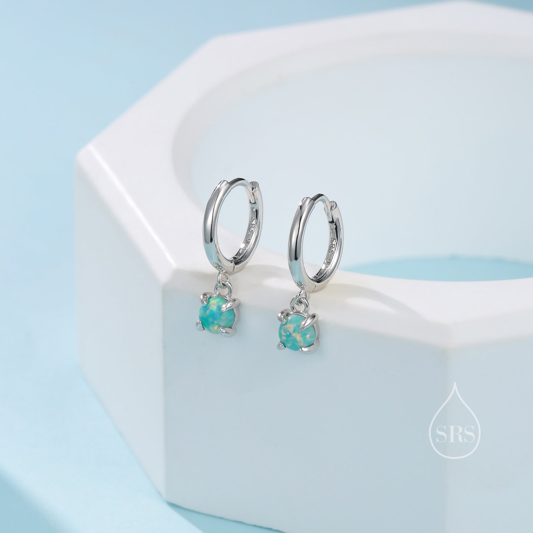 Green Opal Dot Dangle Huggie Hoop Earrings in Sterling Silver, 4mm Tiny Opal Prong Set Hoops, Opal Hoops, Fire Opal Hoops