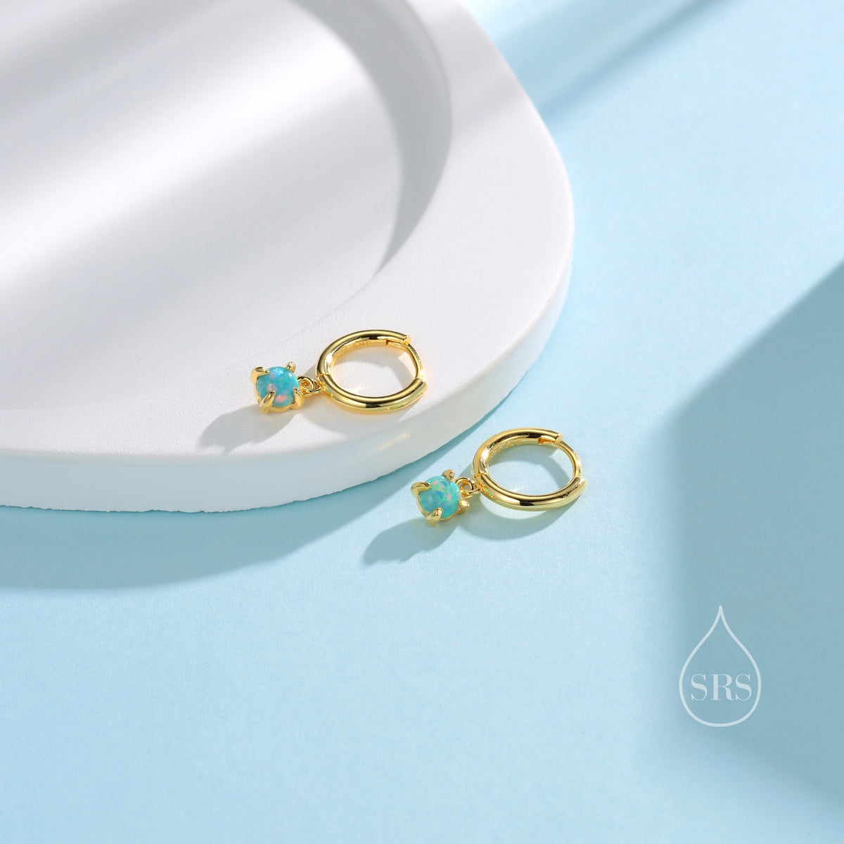 Green Opal Dot Dangle Huggie Hoop Earrings in Sterling Silver, 4mm Tiny Opal Prong Set Hoops, Opal Hoops, Fire Opal Hoops