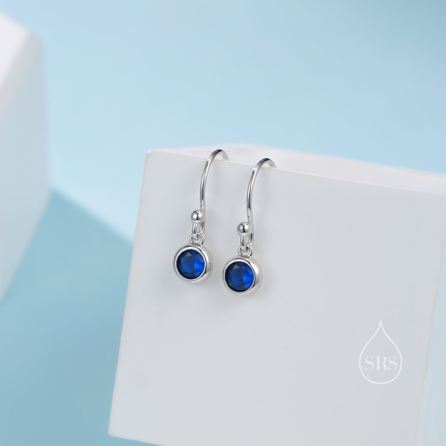 Tiny Sapphire Blue CZ Drop Earrings in Sterling Silver, Cubic Zirconia Hook Earrings, Silver, Gold or Rose Gold, Minimal Earrings