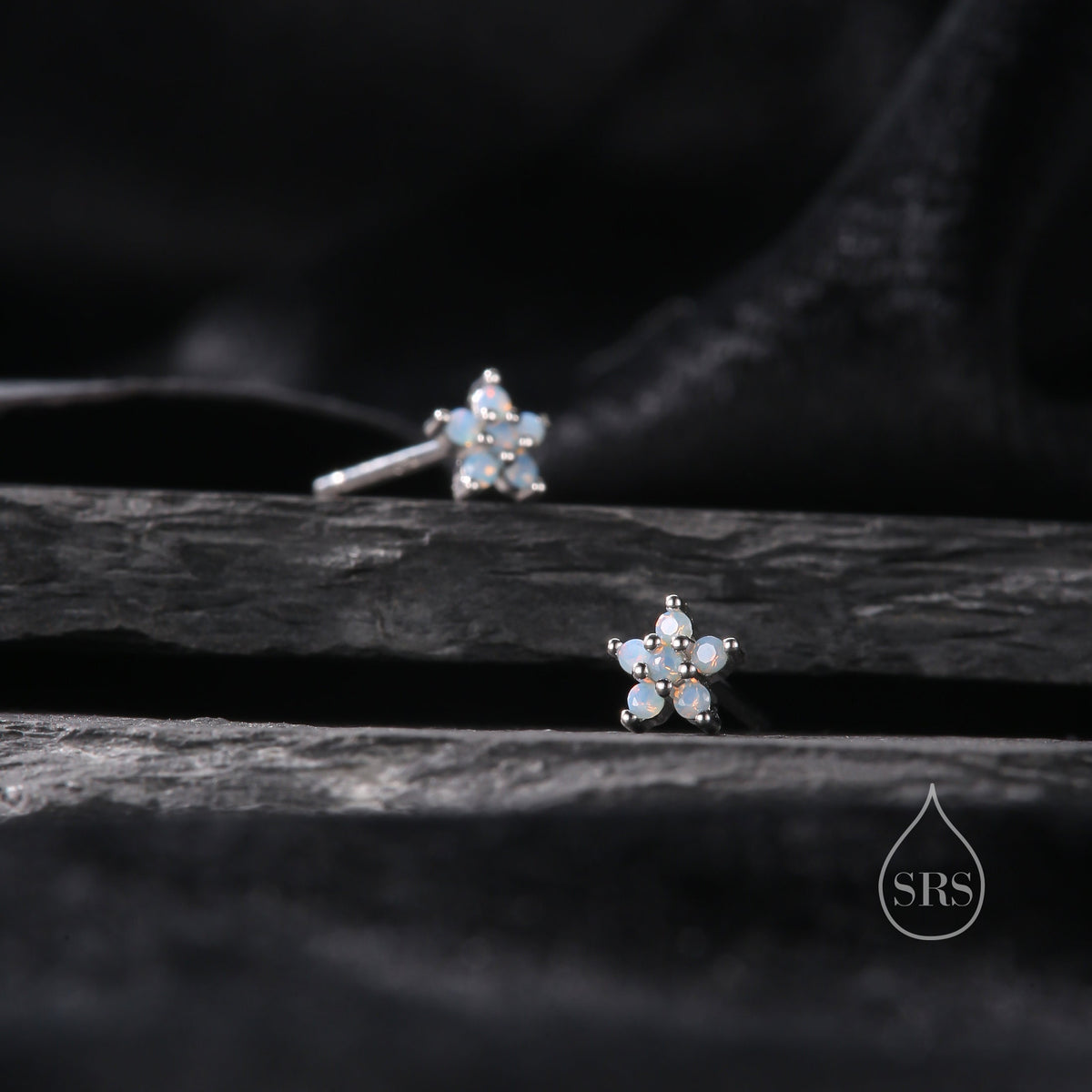 Tiny Opal Blue Forget-me-not CZ Stud Earrings in Sterling Silver, Silver or Gold or Rose Gold, CZ Flower Stud Earrings