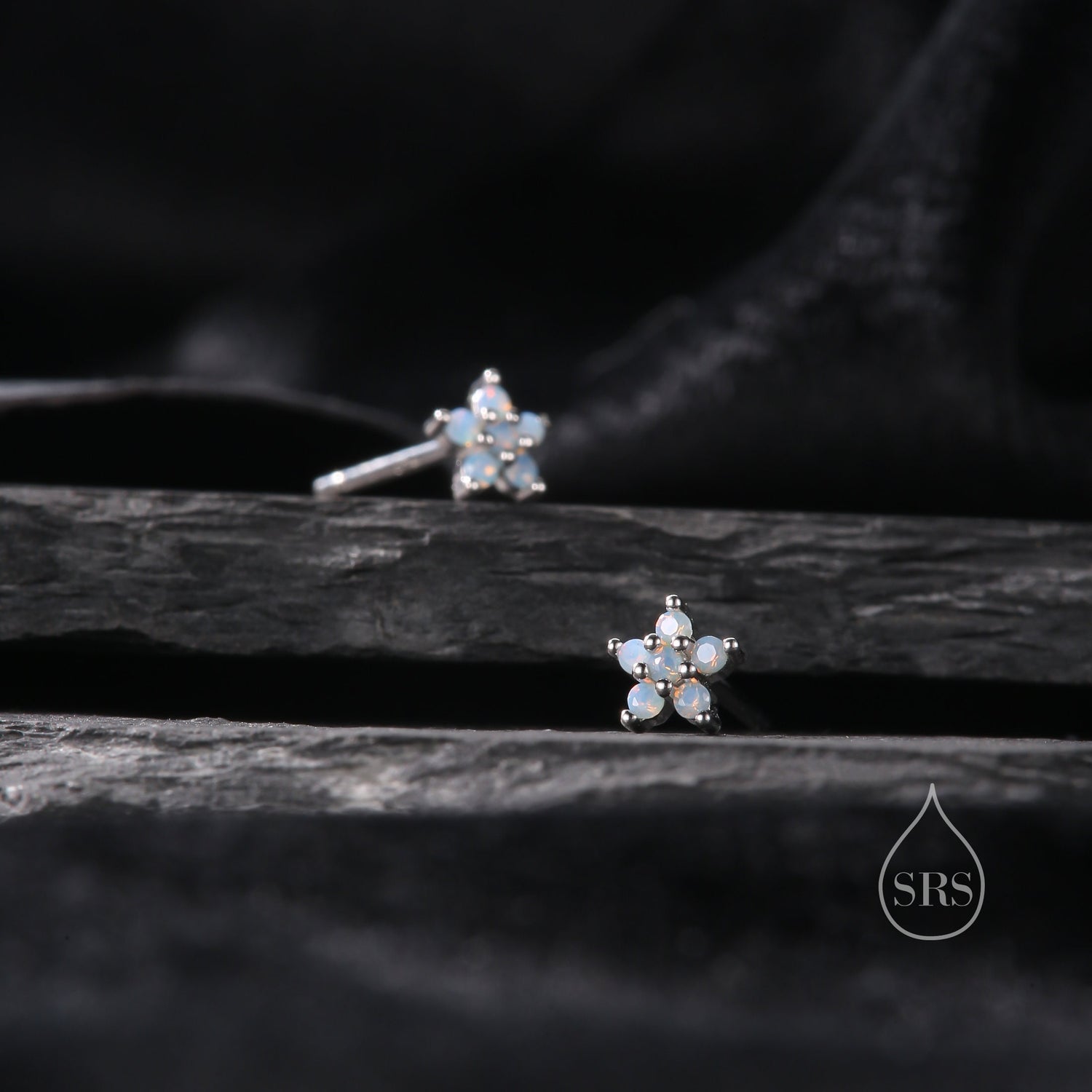 Tiny Opal Blue Forget-me-not CZ Stud Earrings in Sterling Silver, Silver or Gold or Rose Gold, CZ Flower Stud Earrings