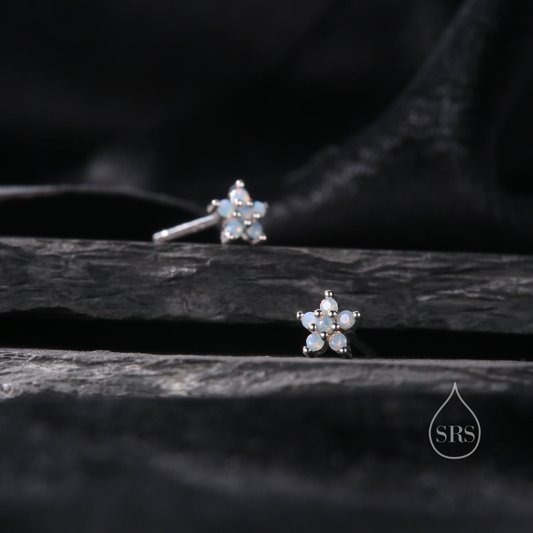 Tiny Opal Blue Forget-me-not CZ Stud Earrings in Sterling Silver, Silver or Gold or Rose Gold, CZ Flower Stud Earrings