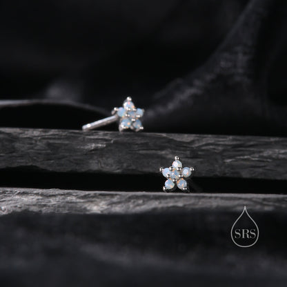 Tiny Opal Blue Forget-me-not CZ Stud Earrings in Sterling Silver, Silver or Gold or Rose Gold,  CZ Flower Stud Earrings