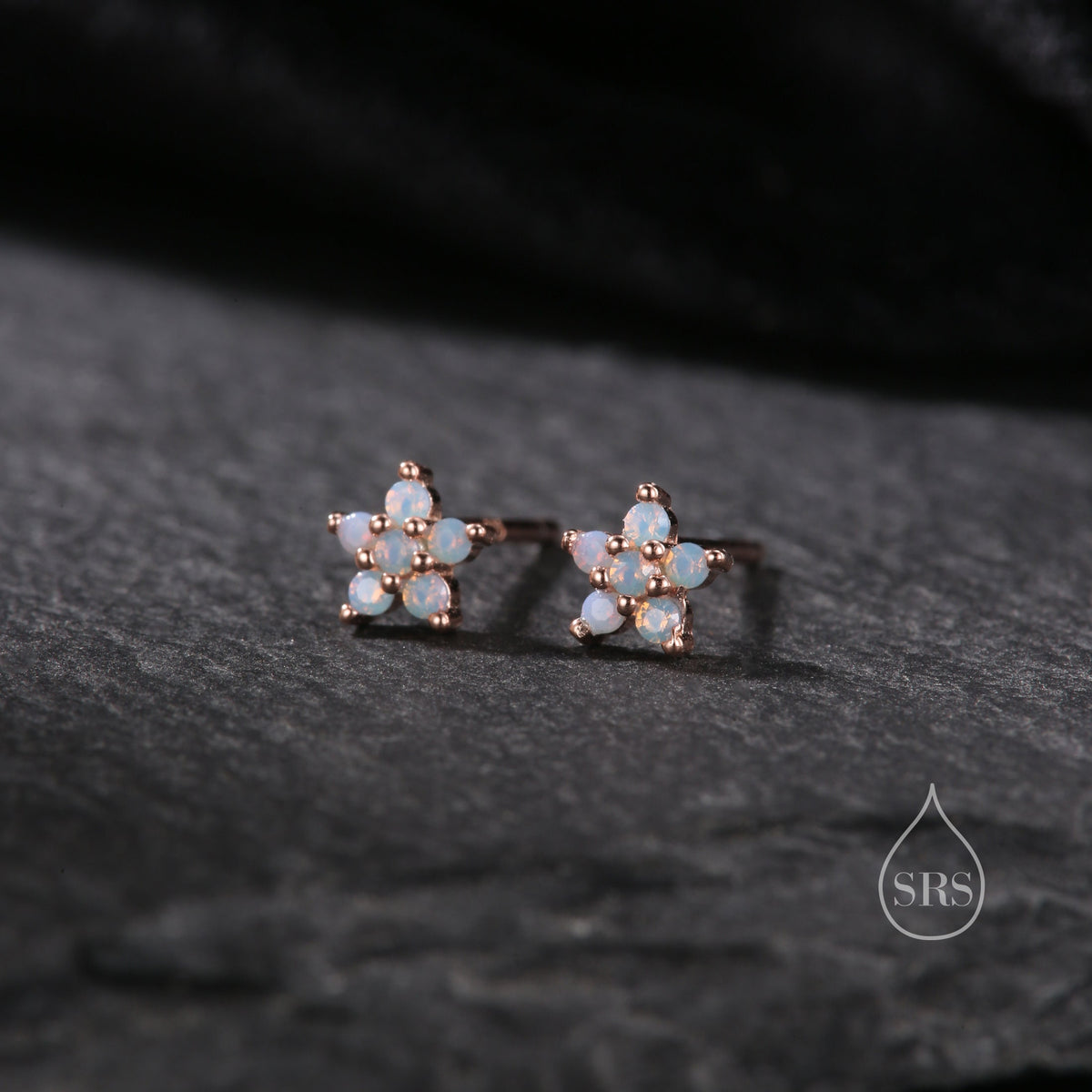 Tiny Opal Blue Forget-me-not CZ Stud Earrings in Sterling Silver, Silver or Gold or Rose Gold, CZ Flower Stud Earrings