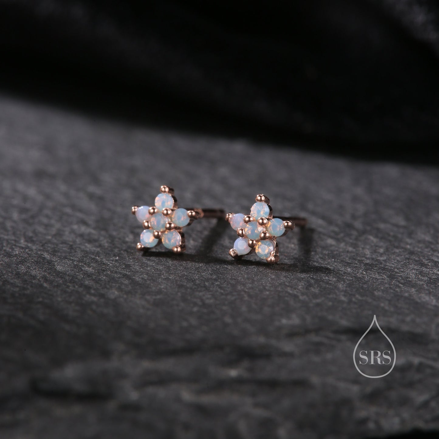 Tiny Opal Blue Forget-me-not CZ Stud Earrings in Sterling Silver, Silver or Gold or Rose Gold,  CZ Flower Stud Earrings