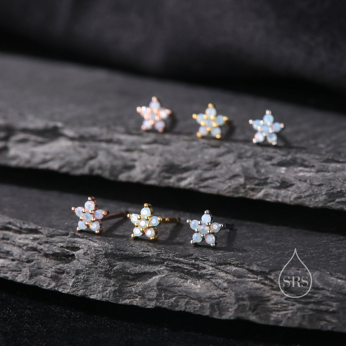 Tiny Opal Blue Forget-me-not CZ Stud Earrings in Sterling Silver, Silver or Gold or Rose Gold, CZ Flower Stud Earrings