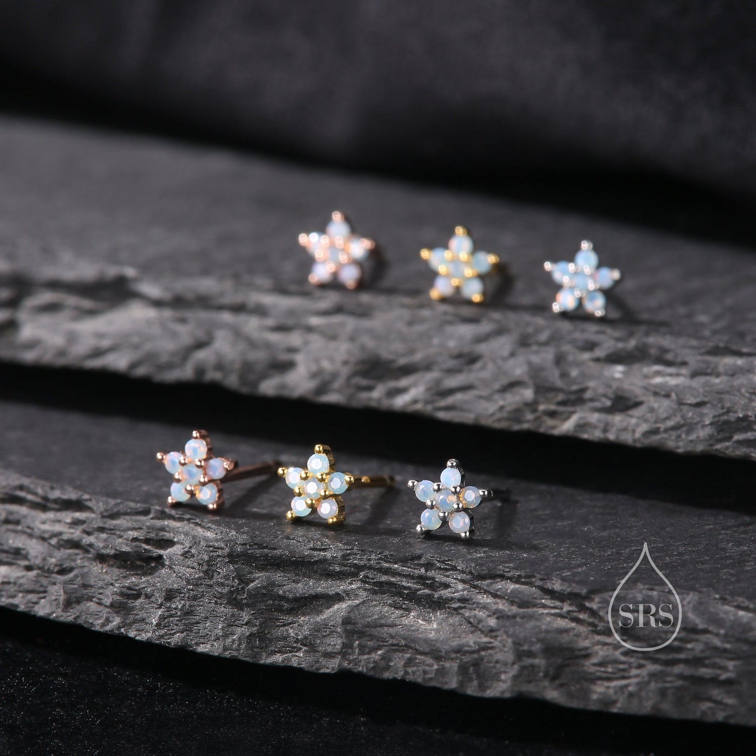 Tiny Opal Blue Forget-me-not CZ Stud Earrings in Sterling Silver, Silver or Gold or Rose Gold, CZ Flower Stud Earrings