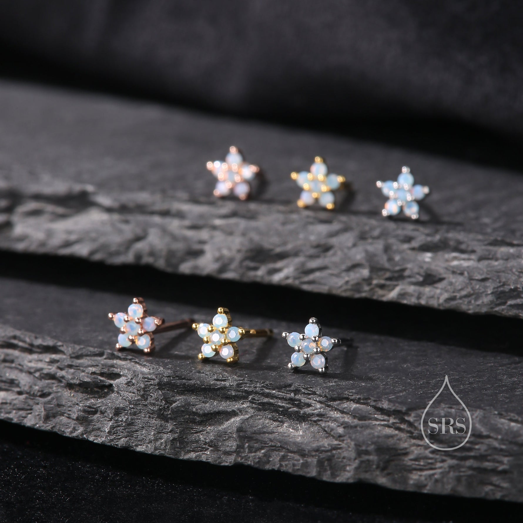 Tiny Opal Blue Forget-me-not CZ Stud Earrings in Sterling Silver, Silver or Gold or Rose Gold, CZ Flower Stud Earrings