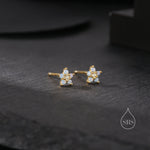 Tiny Opal Blue Forget-me-not CZ Stud Earrings in Sterling Silver, Silver or Gold or Rose Gold, Clear and Milky Blue CZ Flower Stud Earrings