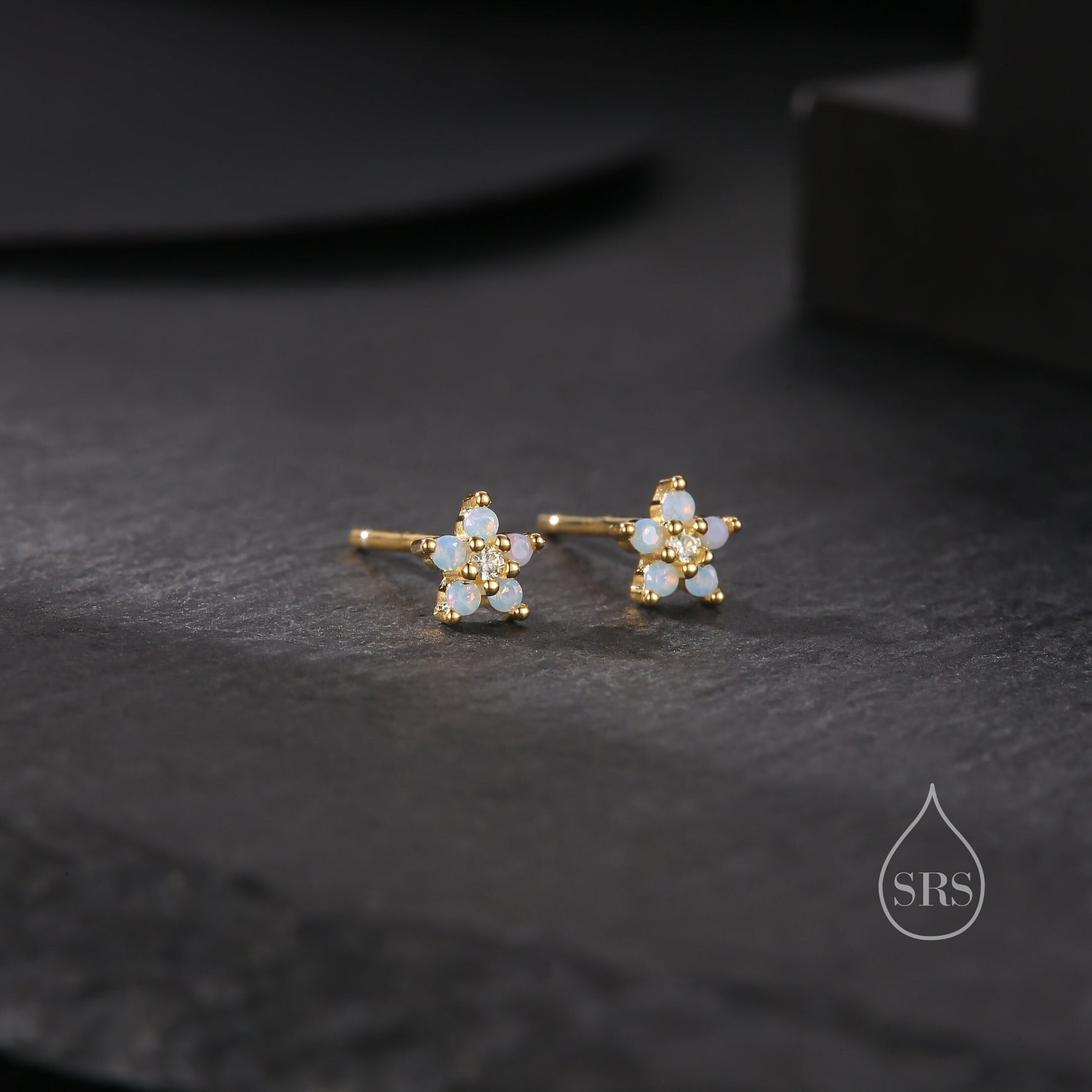 Tiny Opal Blue Forget-me-not CZ Stud Earrings in Sterling Silver, Silver or Gold or Rose Gold, Clear and Milky Blue CZ Flower Stud Earrings