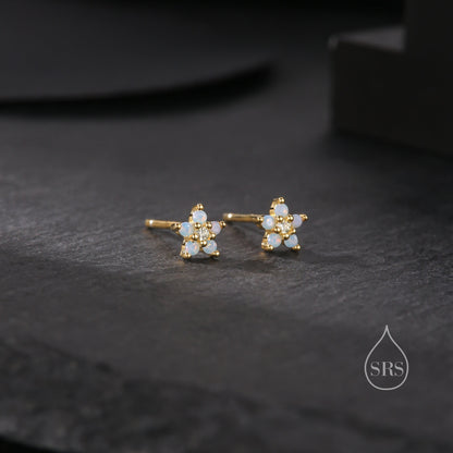 Tiny Opal Blue Forget-me-not CZ Stud Earrings in Sterling Silver, Silver or Gold or Rose Gold, Clear and Milky Blue CZ Flower Stud Earrings