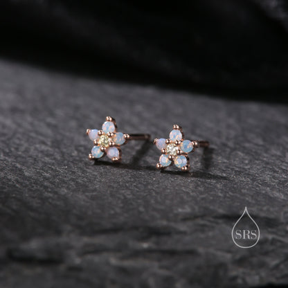 Tiny Opal Blue Forget-me-not CZ Stud Earrings in Sterling Silver, Silver or Gold or Rose Gold, Clear and Milky Blue CZ Flower Stud Earrings