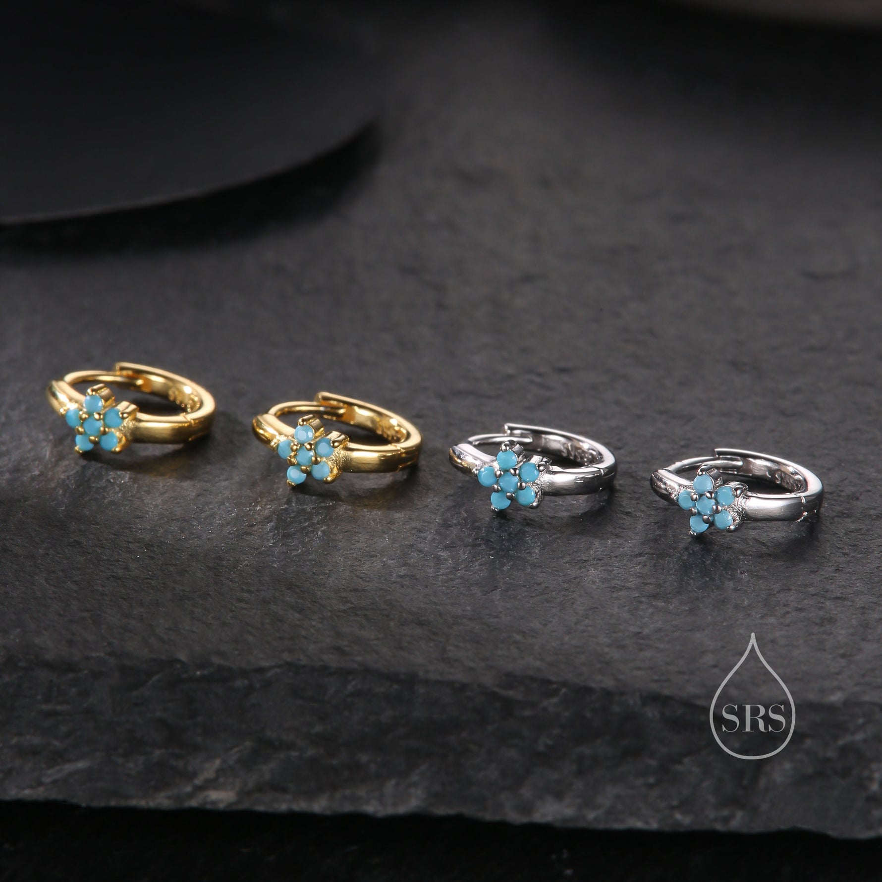 Turquoise CZ Flower Huggie Hoop in Sterling Silver, Silver or Gold, Delicate Flower CZ Hoops, Tiny Flower Hoops, Tiny CZ Hoops