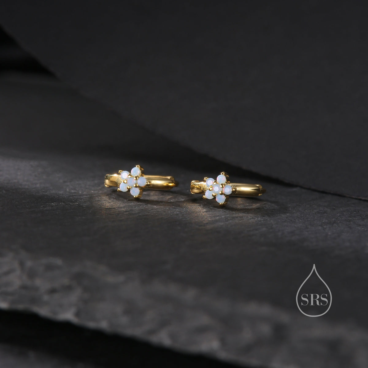 Opal Blue CZ Flower Huggie Hoop in Sterling Silver, Silver or Gold, Delicate Flower CZ Hoops, Tiny Flower Hoops, Tiny CZ Hoops