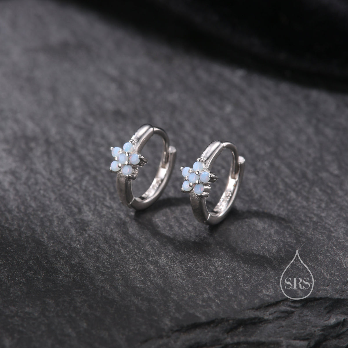 Opal Blue CZ Flower Huggie Hoop in Sterling Silver, Silver or Gold, Delicate Flower CZ Hoops, Tiny Flower Hoops, Tiny CZ Hoops