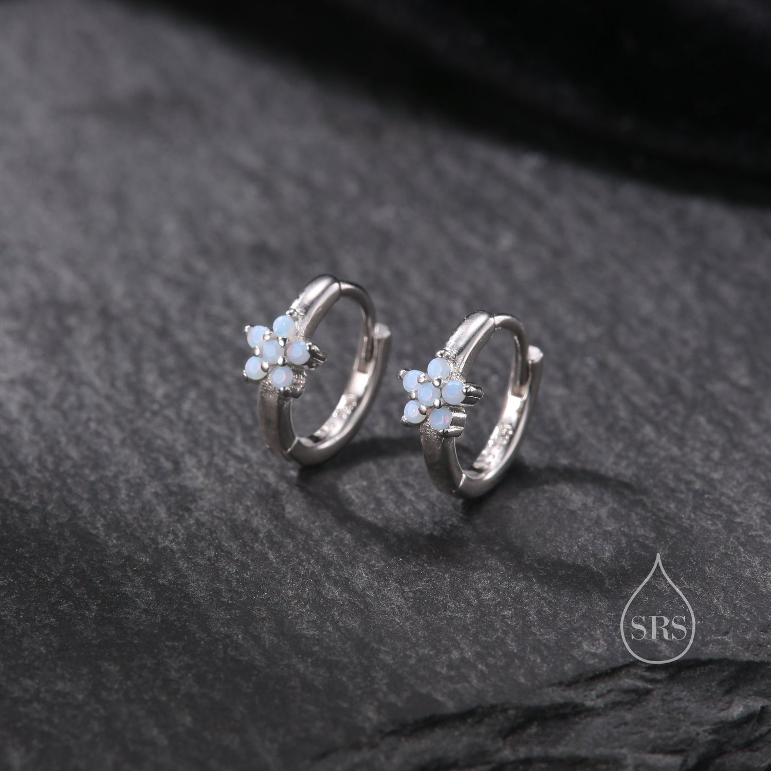 Opal Blue CZ Flower Huggie Hoop in Sterling Silver, Silver or Gold,  Delicate Flower CZ Hoops, Tiny Flower Hoops, Tiny CZ Hoops