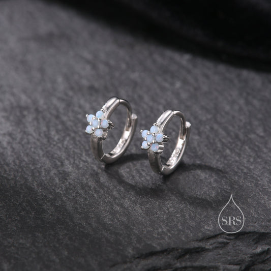 Opal Blue CZ Flower Huggie Hoop in Sterling Silver, Silver or Gold,  Delicate Flower CZ Hoops, Tiny Flower Hoops, Tiny CZ Hoops