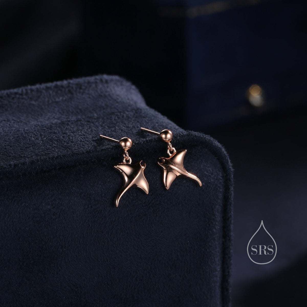 Sterling Silver Manta Ray Fish Drop Stud Earrings, Silver, or Gold or Rose Gold, Stingray Dangle Stud Earrings, Dainty Fish Dangle Earrings
