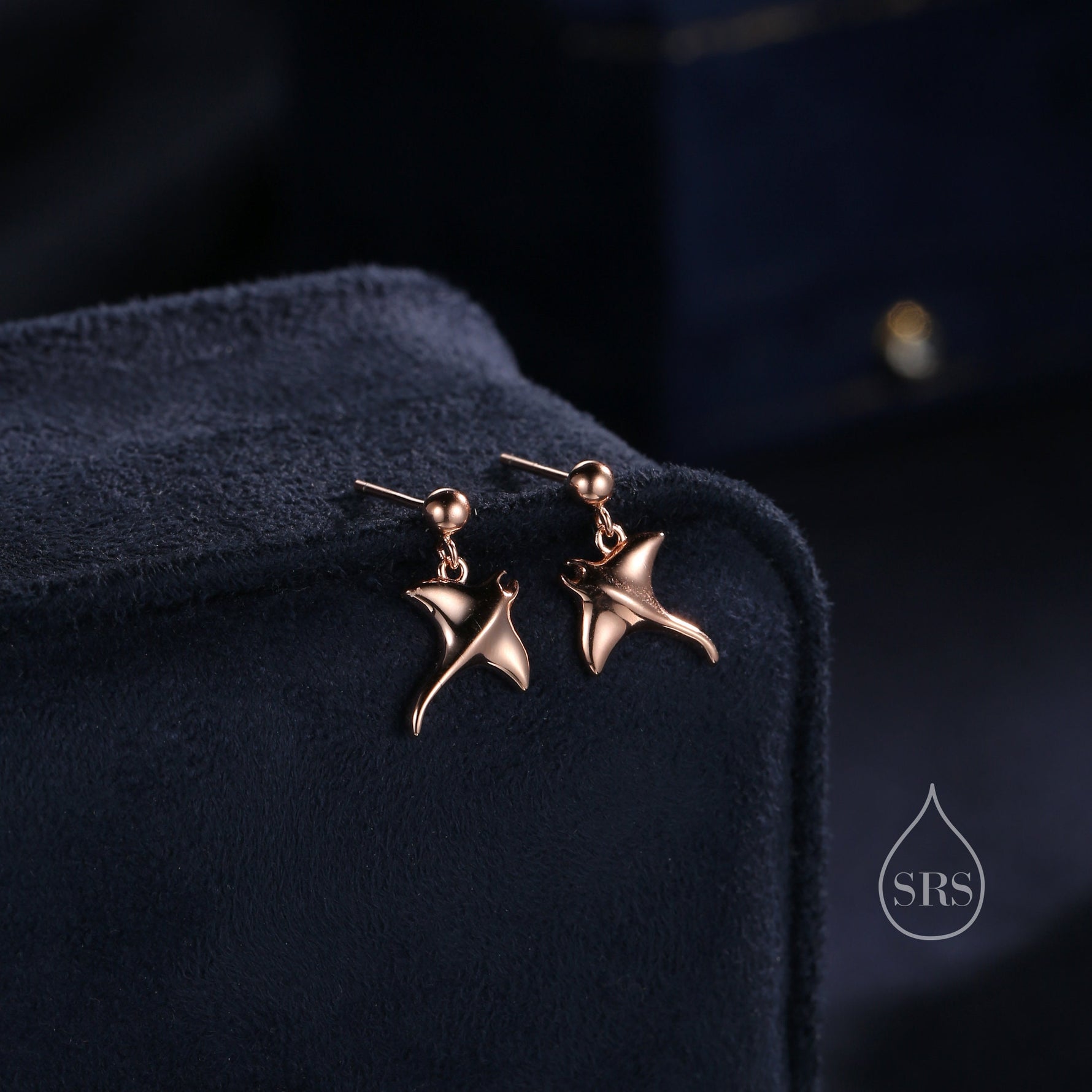 Sterling Silver Manta Ray Fish Drop Stud Earrings, Silver, or Gold or Rose Gold, Stingray Dangle Stud Earrings, Dainty Fish Dangle Earrings