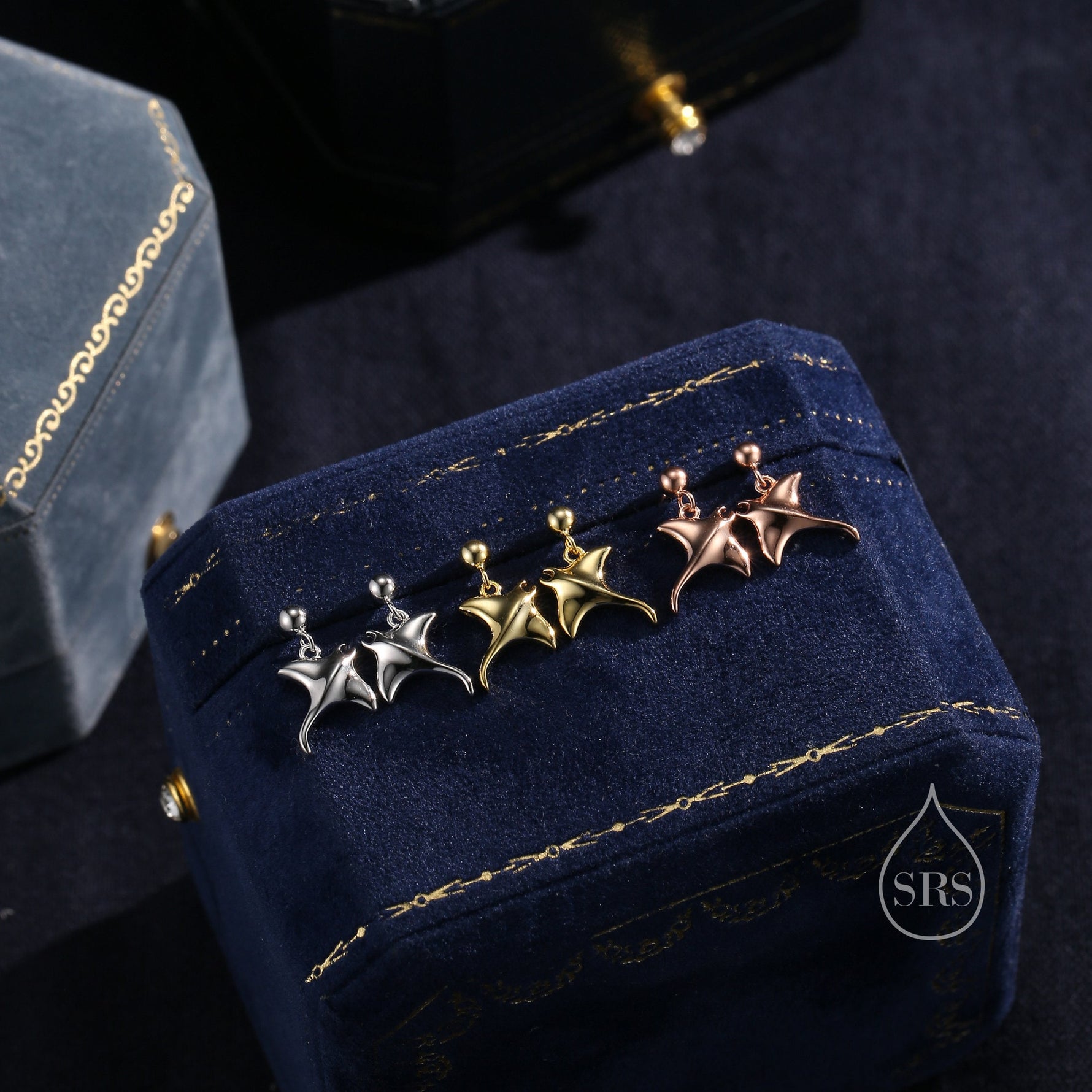 Sterling Silver Manta Ray Fish Drop Stud Earrings, Silver, or Gold or Rose Gold, Stingray Dangle Stud Earrings, Dainty Fish Dangle Earrings
