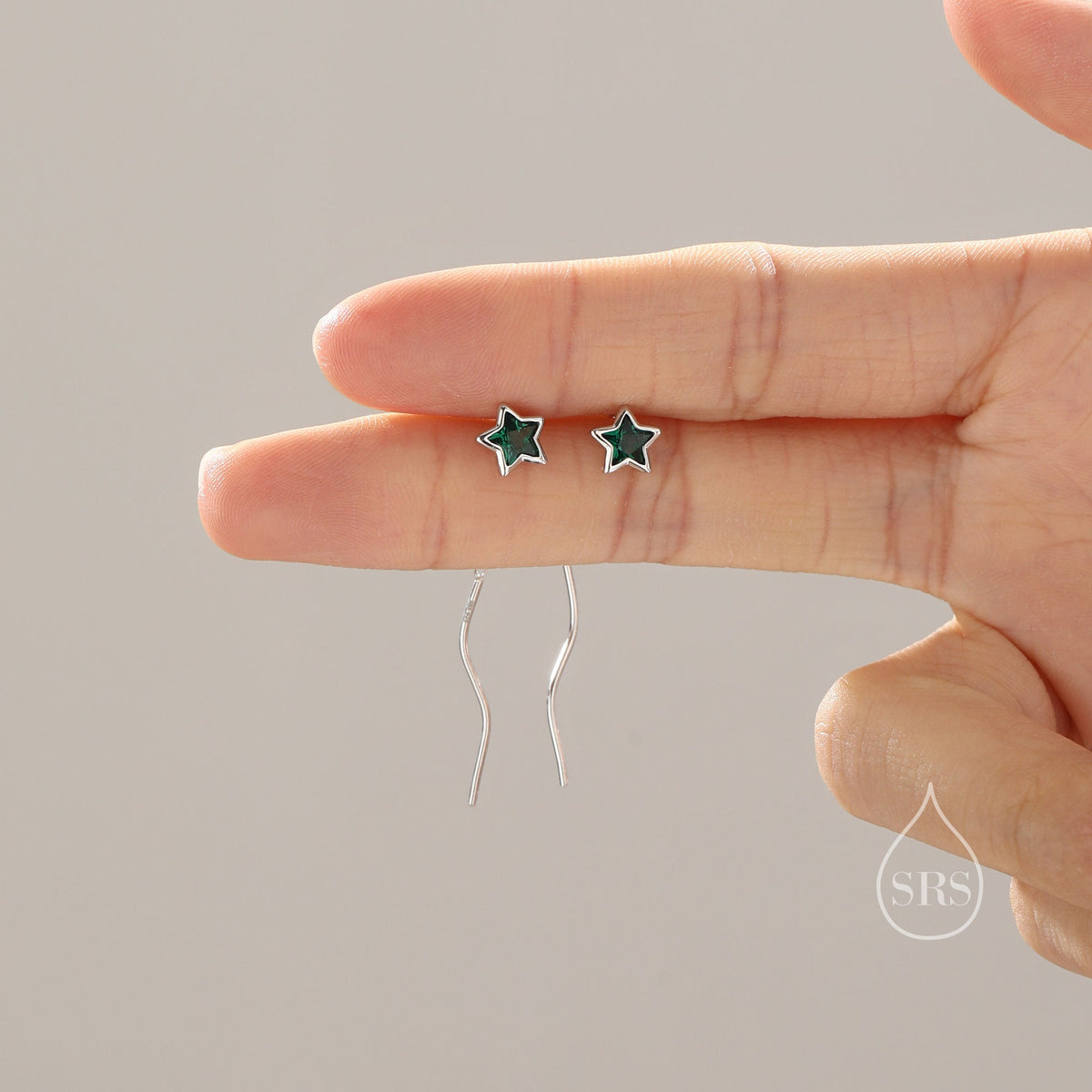 Emerald Green Star Bezel CZ Crystal Threader Earrings in Sterling Silver, Silver or Gold, Minimalist Star Cut Ear Threaders