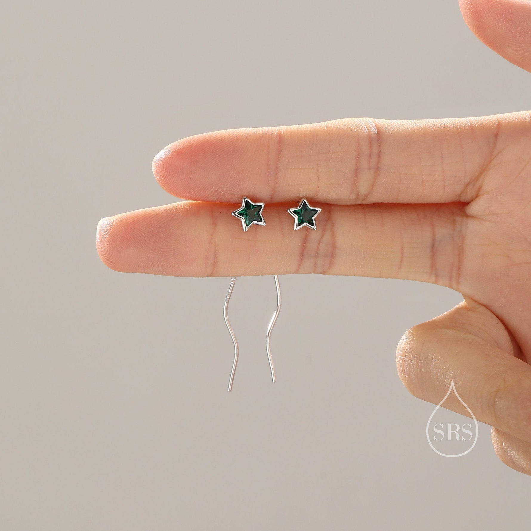 Emerald Green Star Bezel CZ Crystal Threader Earrings in Sterling Silver, Silver or Gold, Minimalist Star Cut Ear Threaders