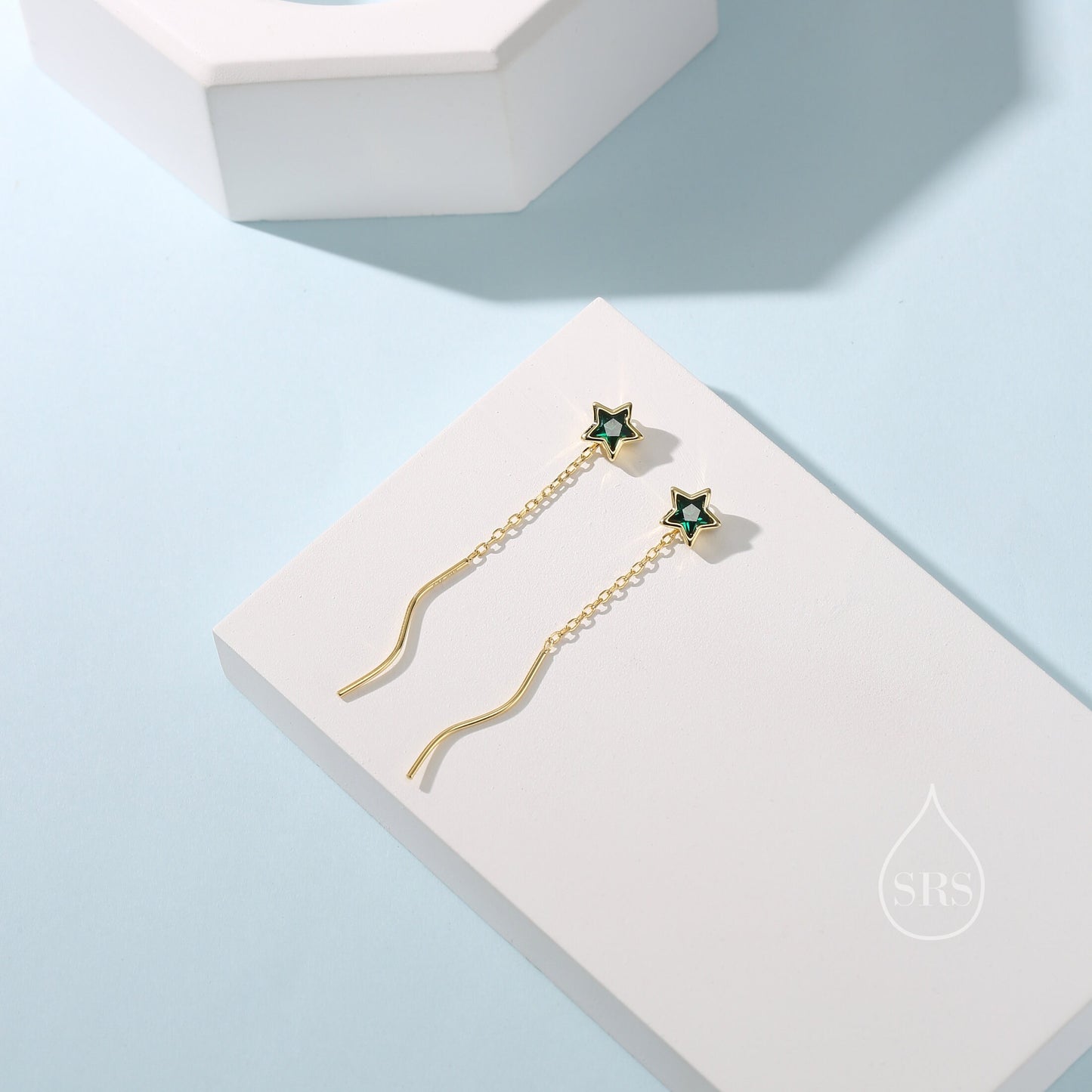 Emerald Green Star Bezel CZ Crystal Threader Earrings in Sterling Silver, Silver or Gold, Minimalist Star Cut Ear Threaders