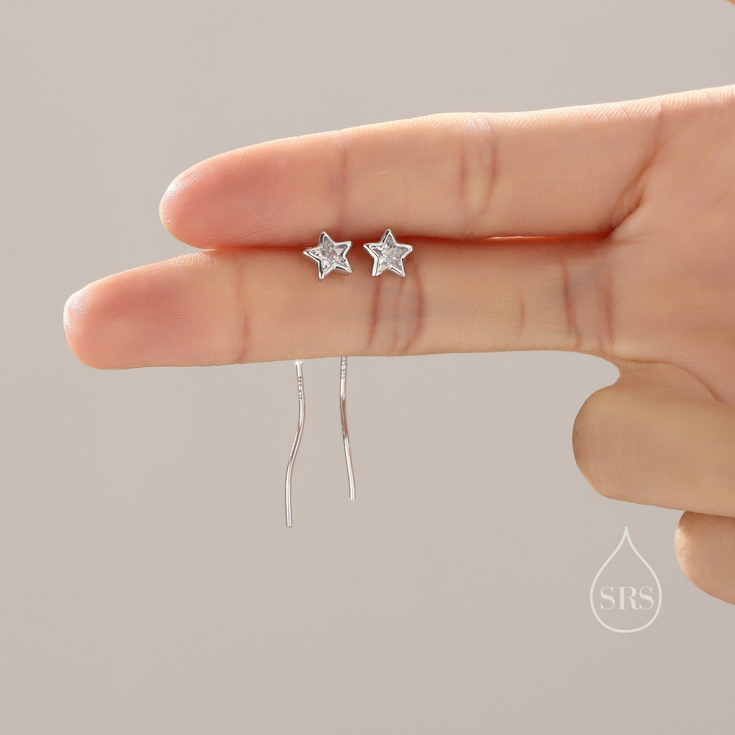 Star Bezel CZ Crystal Threader Earrings in Sterling Silver, Silver or Gold, Minimalist Star Cut Ear Threaders