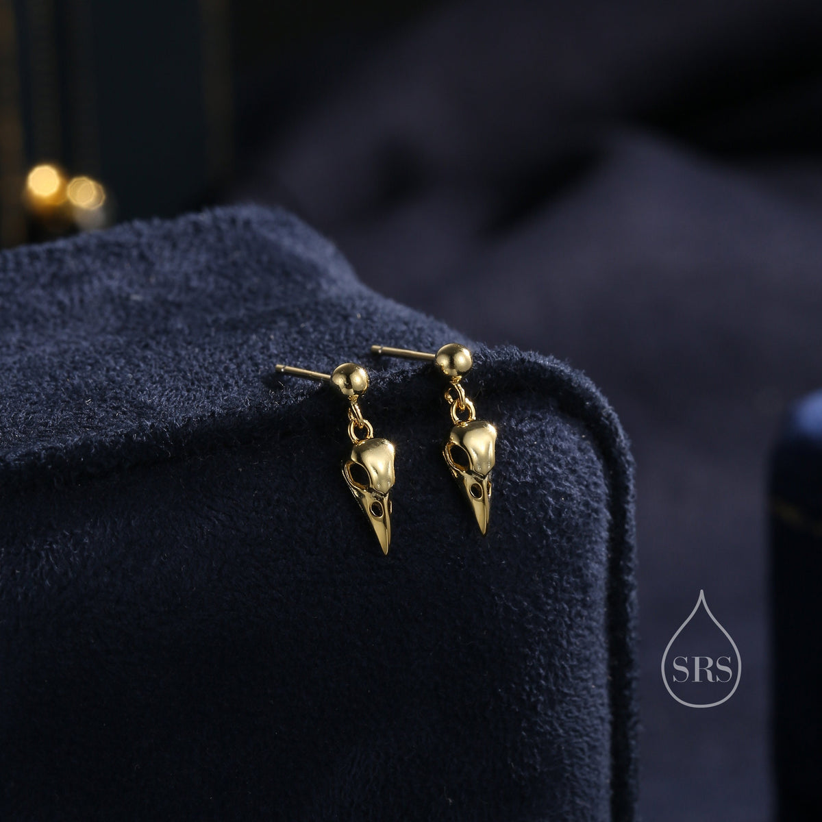 Sterling Silver Tiny Bird Skull Drop Stud Earrings Earrings, Silver or Gold or Rose Gold, Bird Skeleton Earrings in Sterling Silver
