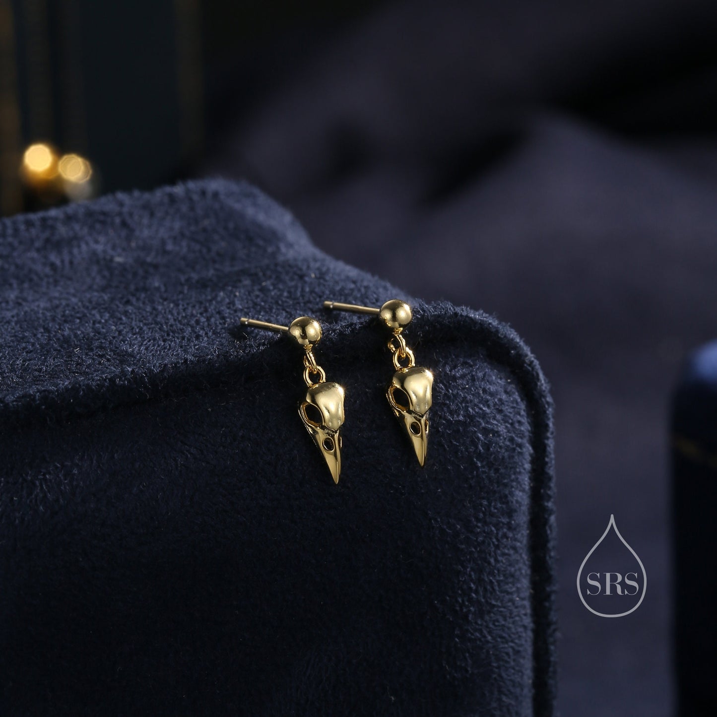 Sterling Silver Tiny Bird Skull Drop Stud Earrings Earrings, Silver or Gold or Rose Gold, Bird Skeleton Earrings in Sterling Silver